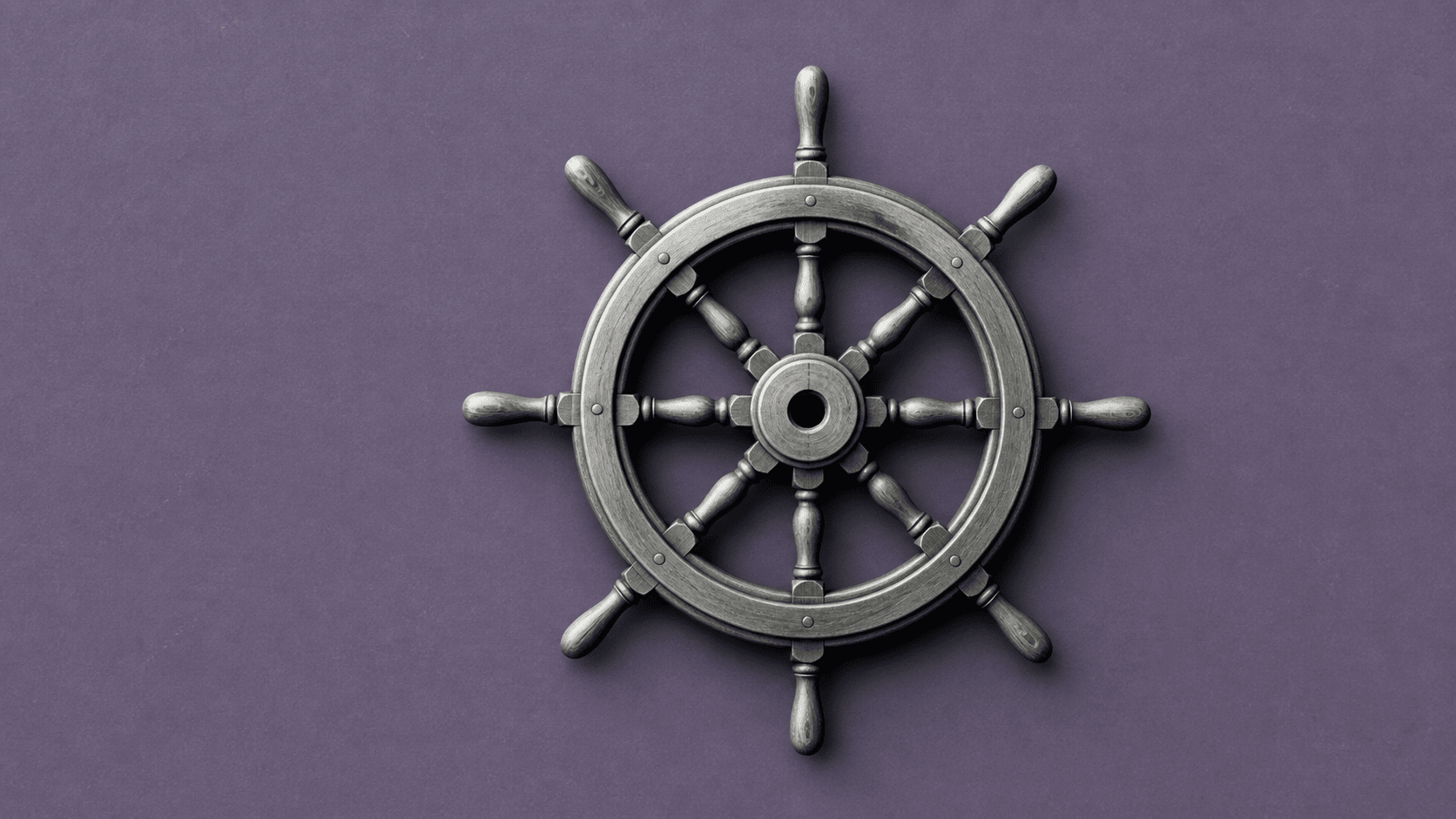 A ship’s wheel centered on a purple background