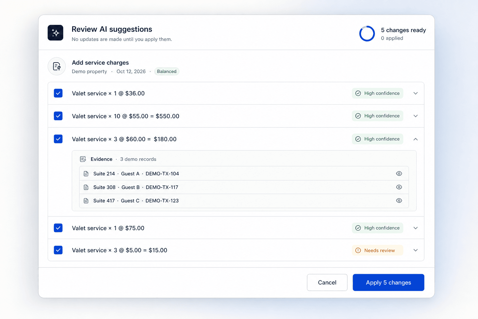 A review screen listing five AI-proposed service charges, four marked high confidence and one flagged needs review, with an expanded evidence panel citing three source records and an Apply button that commits the changes