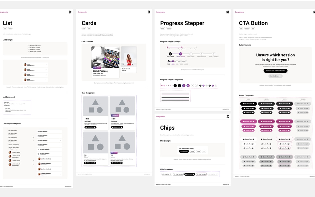 The Cady design system's list, card, progress stepper, chip, and button pages in Figma
