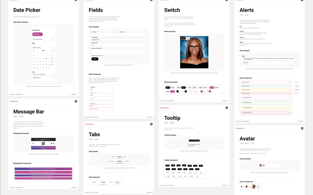The Cady design system's date picker, field, switch, alert, tab, tooltip, and avatar pages in Figma