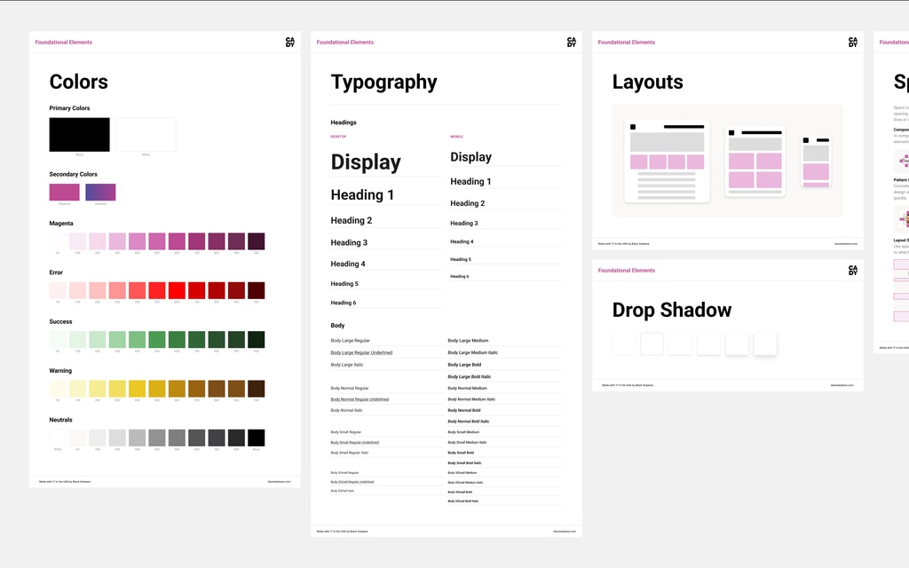 The Cady design system's color, typography, and layout pages in Figma