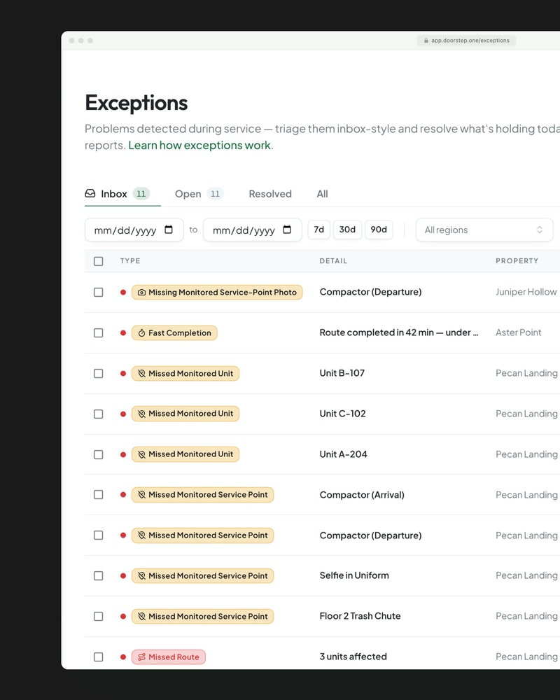 The exceptions inbox: missed units, a missing compactor photo, and a route finished too fast