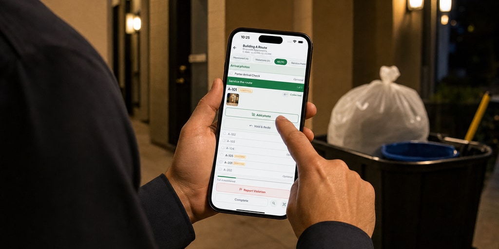 A porter beside the trash cart at night, checking off doors in the Doorstep One app