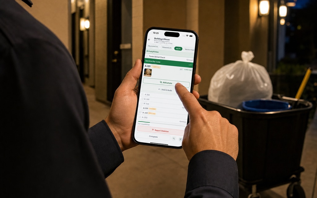 A porter beside the trash cart at night with the Doorstep One app