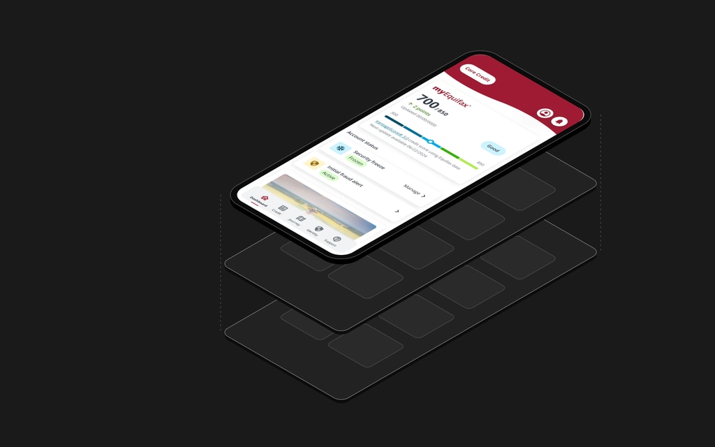 The myEquifax dashboard lifted above the two layers beneath it