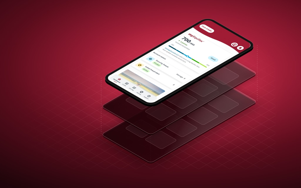 The myEquifax dashboard lifted above the two layers beneath it