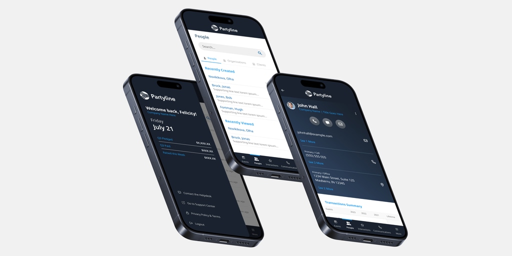 The Partyline app on three phones: the home menu, the People list, and a contact's profile