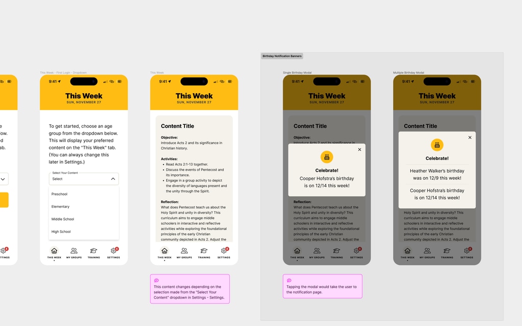 Annotated This Week screens in the Lead Small Figma file