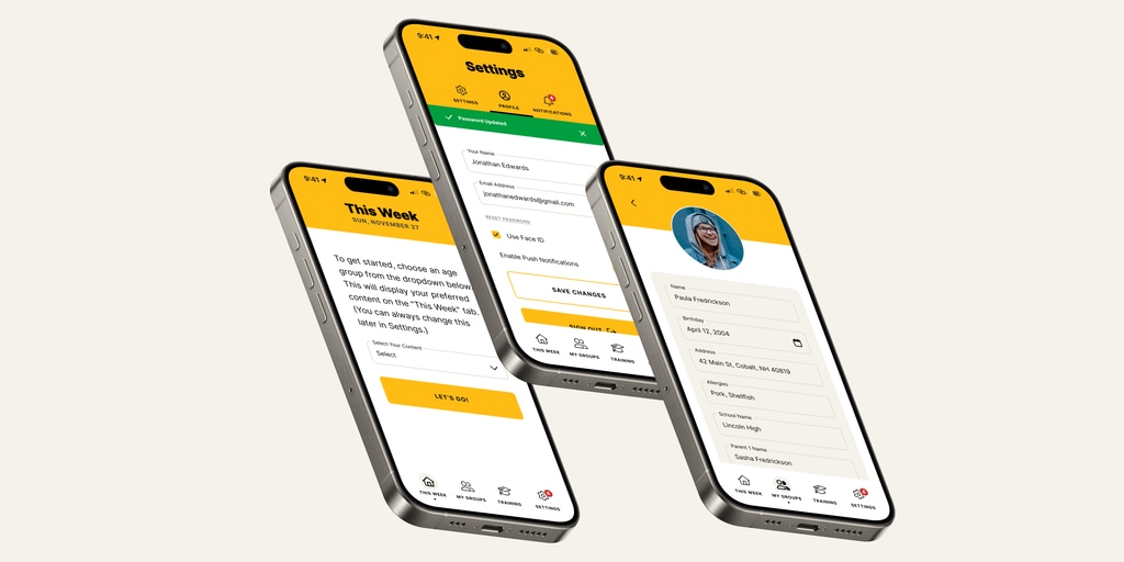 Lead Small on three phones: This Week, Settings, and a group member's profile