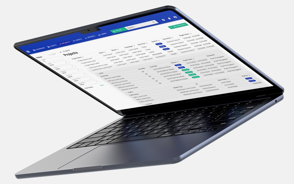 The Portkey projects list on a laptop, filtered by client, brand, and campaign
