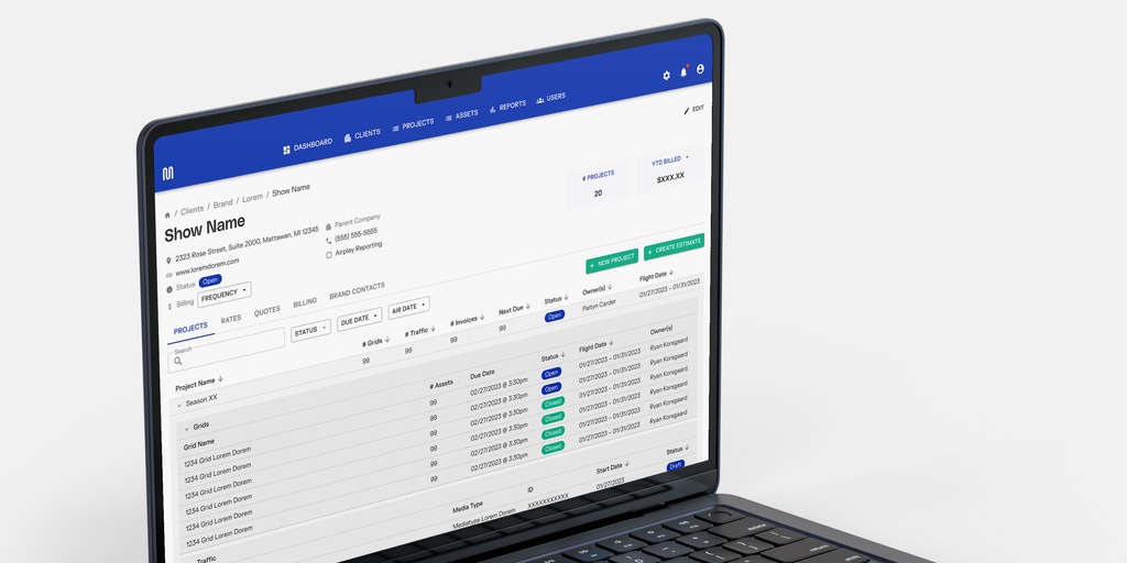 A show's page in Portkey on a laptop, with its projects, grids, and billing
