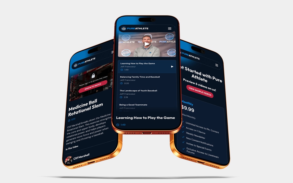 Pure Athlete on three phones: a locked lesson, a playlist of lessons, and the membership plans