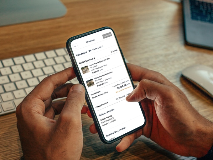 StoneLoads checkout on a phone, showing one truck’s order summary and pickup location